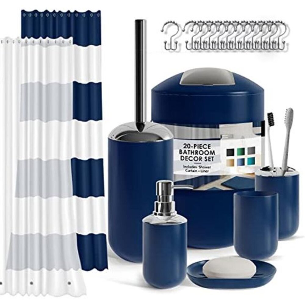Navy Bathroom Accessories Set Shower Curtain Soap Dispenser Toothbrush Holder